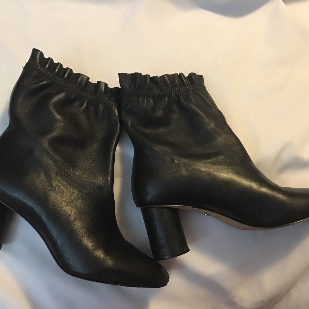 Nanette Lepore Black Leather Ankle Boots Round Block Heel Ruffle Top